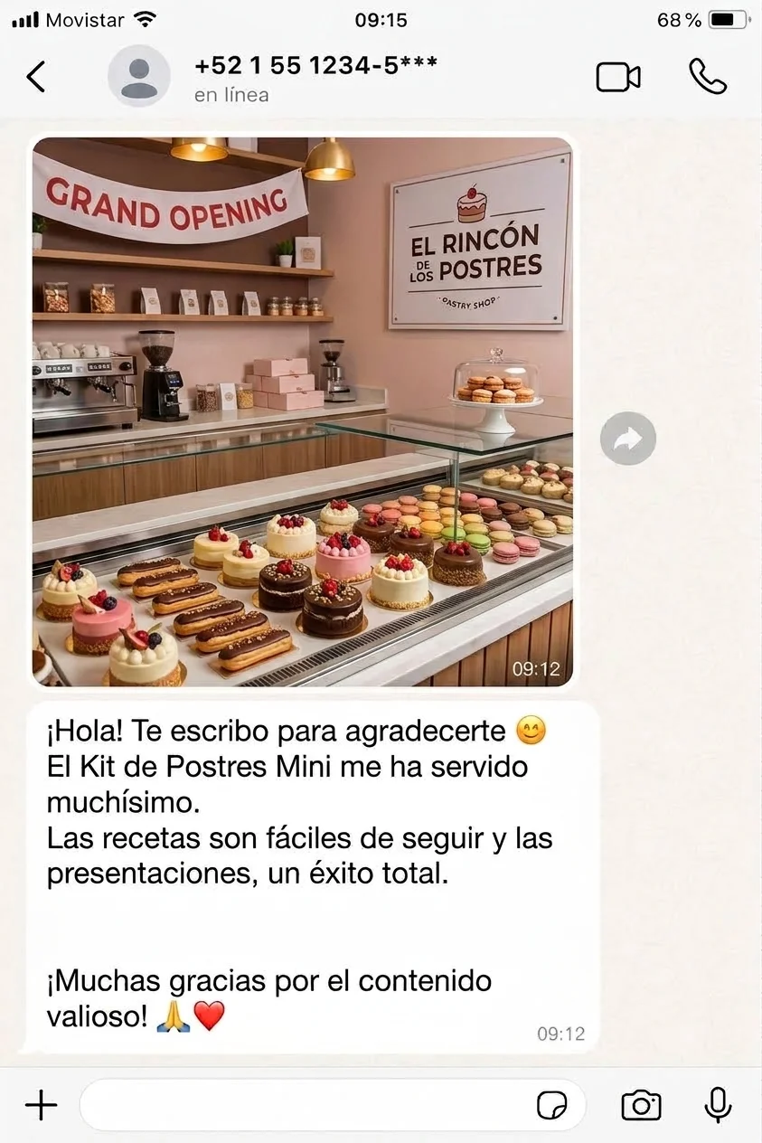 Captura de WhatsApp: mensaje de agradecimiento por las recetas fáciles de seguir